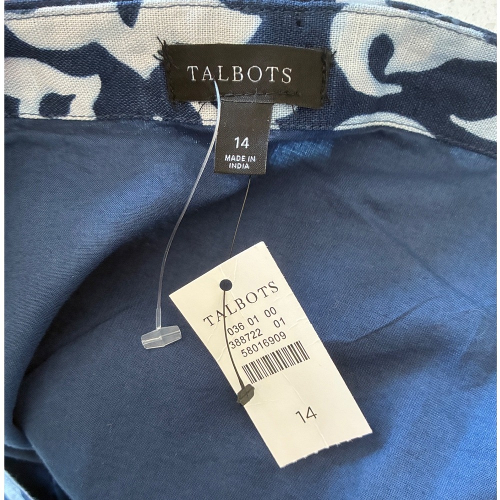 Talbots Navy Blue White Damask Linen Blend Square Neck Shift Dress Womens 14 NWT - Picture 3 of 11